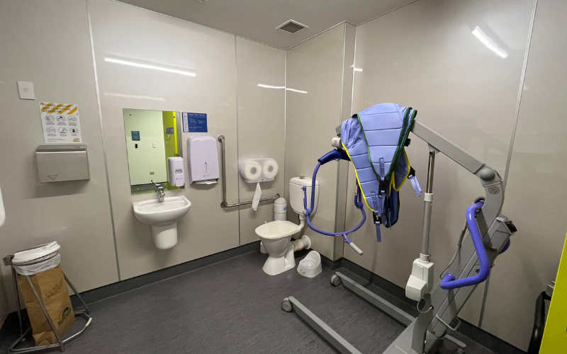 An accessible bathroom with facilities for adult changing and cleaning.