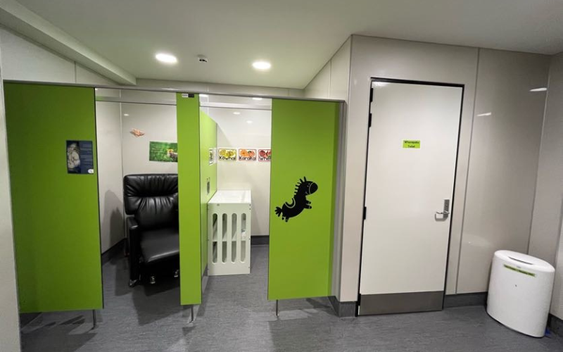 The parent room includes a feeding space, change table and toilet.