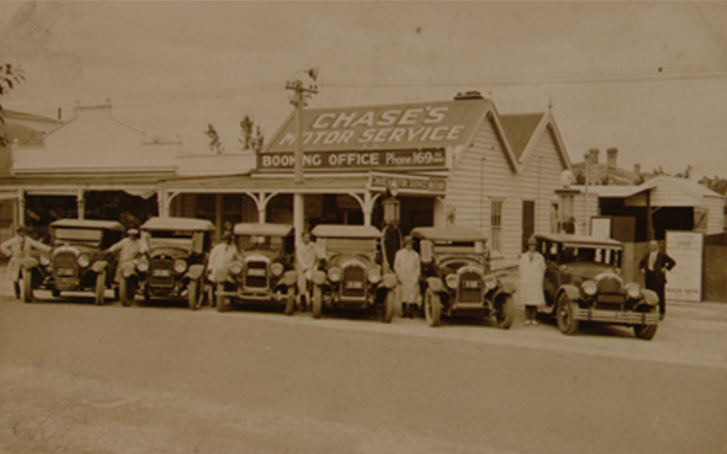 Chase's Motor Service - West Side of Tutanekai Street between Haupapa and Arawa Streets, circa 1933, photographer unknown, Rotorua Museum Te Whare Taonga o Te Arawa (OP-1123)